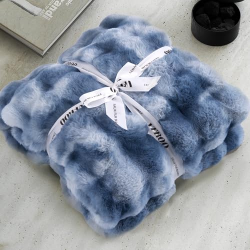 VFROO Ultra Plush Bubble Faux Rabbit Fur Blanket – 950GSM Thick Fluffy Throw Blanket for Bed, Couch, Sofa, or Gift, 50" × 60", Tie-dye Blue - Image 5