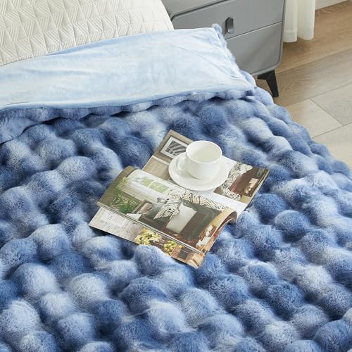 VFROO Ultra Plush Bubble Faux Rabbit Fur Blanket – 950GSM Thick Fluffy Throw Blanket for Bed, Couch, Sofa, or Gift, 50" × 60", Tie-dye Blue - Image 2
