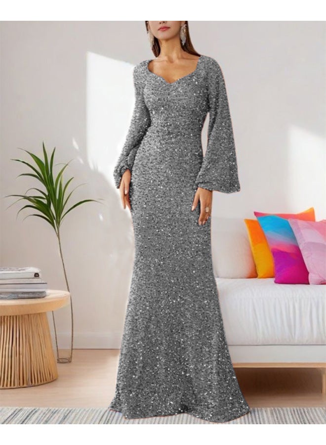 Silver Gray Fashion V-neck Bodycon Sequin Mid-waist Bell Sleeve Long Evening Dress