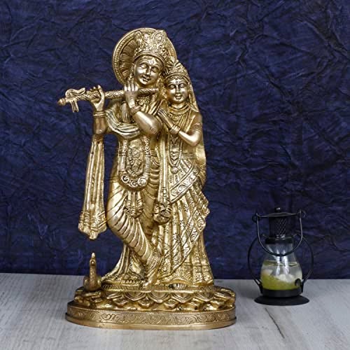 ARTVARKO Radha Krishna Brass Murti Murli Kishan Playing Flute Radha Idol Standing with Peacock for Home Mandir Decor Marriage Height 11 Inch - Image 1