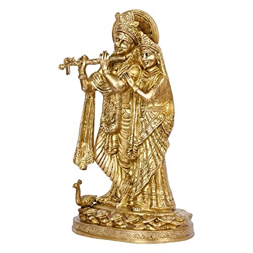 ARTVARKO Radha Krishna Brass Murti Murli Kishan Playing Flute Radha Idol Standing with Peacock for Home Mandir Decor Marriage Height 11 Inch - Image 4