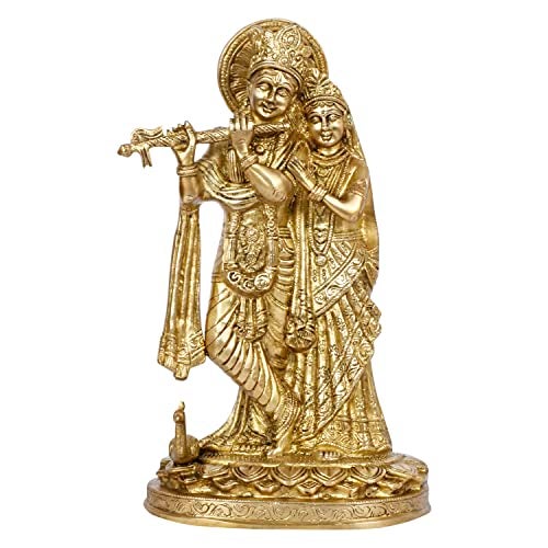 ARTVARKO Radha Krishna Brass Murti Murli Kishan Playing Flute Radha Idol Standing with Peacock for Home Mandir Decor Marriage Height 11 Inch - Image 2