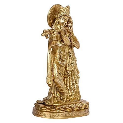 ARTVARKO Radha Krishna Brass Murti Murli Kishan Playing Flute Radha Idol Standing with Peacock for Home Mandir Decor Marriage Height 11 Inch - Image 3