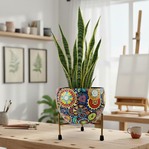 CINAGRO Large Metal Flower Vase Pot with Iron Stand, Pots for Plants, Plant Pots for Home Decoration, Succulent Pot, Indoor Planter Garden Decor (Size: 9.8 X 9.8 inch) Style: Mandala Fusion Grand - Image 1