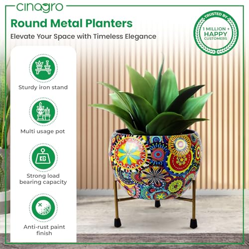 CINAGRO Large Metal Flower Vase Pot with Iron Stand, Pots for Plants, Plant Pots for Home Decoration, Succulent Pot, Indoor Planter Garden Decor (Size: 9.8 X 9.8 inch) Style: Mandala Fusion Grand - Image 2