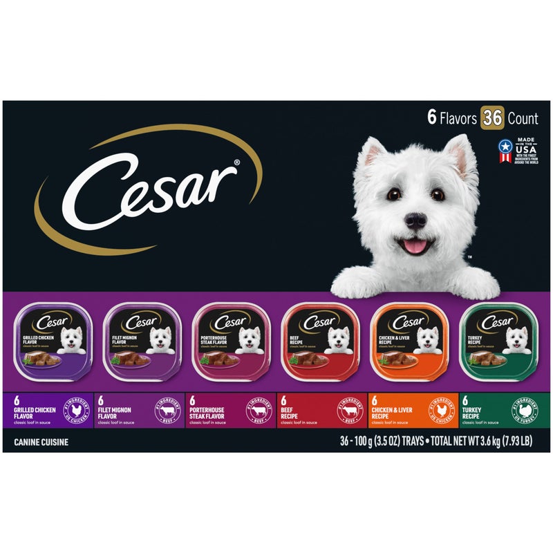 CESAR Adult Wet Dog Food Classic Loaf in Sauce Grilled Chicken, Filet Mignon, Porterhouse Steak, Beef, Chicken & Liver and Turkey Variety Pack, 3.5 oz. Easy Peel Trays, Pack of 36 - Image 1