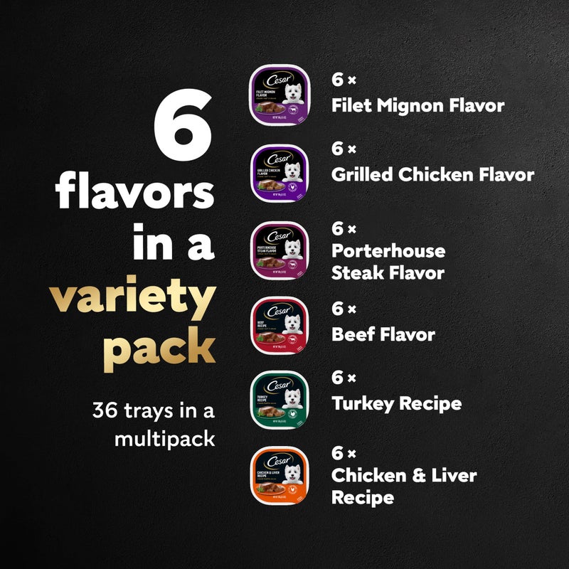 CESAR Adult Wet Dog Food Classic Loaf in Sauce Grilled Chicken, Filet Mignon, Porterhouse Steak, Beef, Chicken & Liver and Turkey Variety Pack, 3.5 oz. Easy Peel Trays, Pack of 36 - Image 2