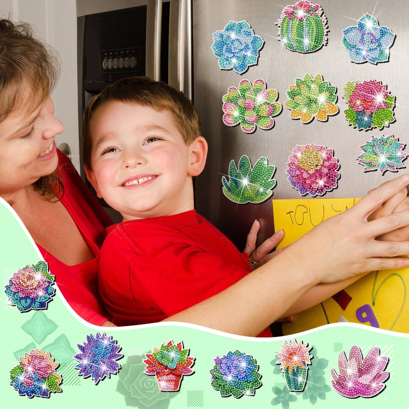 Remuuly 30 Pcs Diamond Painting Magnets Summer Diamond Art Magnet Kits for Adults Spring Flower Animal Cupcake 5D Rhinestones Refrigerator Magnetic Stickers for Fridge DIY Crafts Gifts(Succulents) - Image 2