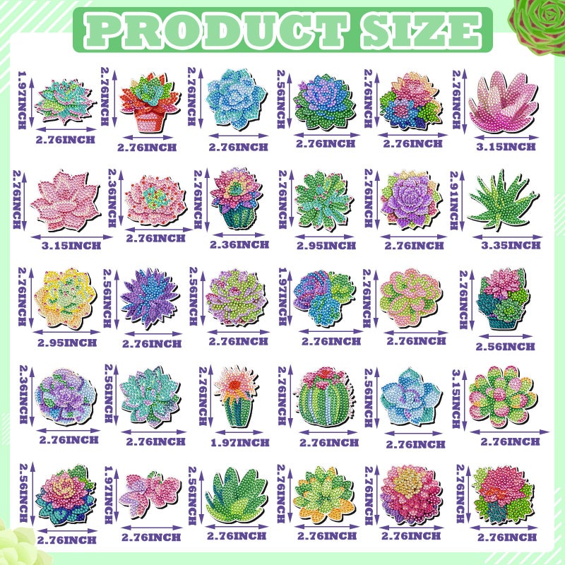 Remuuly 30 Pcs Diamond Painting Magnets Summer Diamond Art Magnet Kits for Adults Spring Flower Animal Cupcake 5D Rhinestones Refrigerator Magnetic Stickers for Fridge DIY Crafts Gifts(Succulents) - Image 3