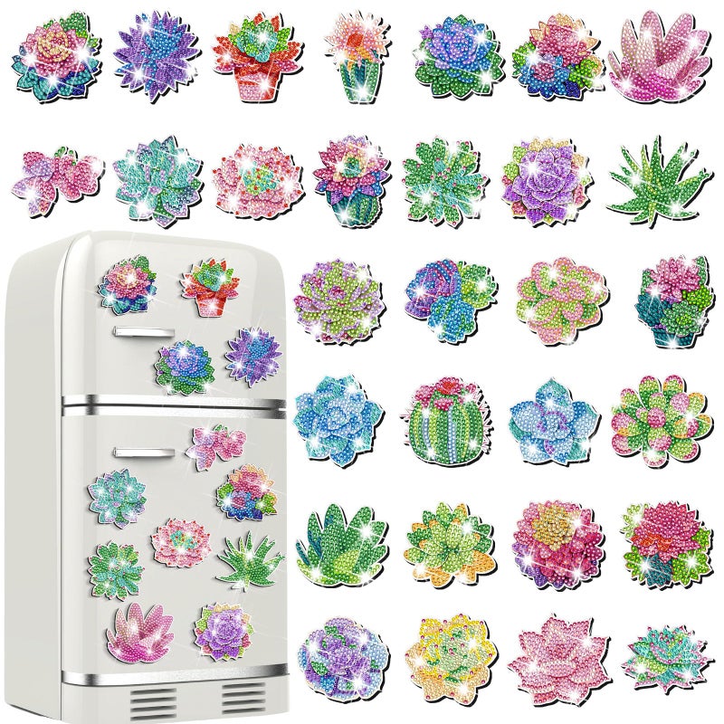 Remuuly 30 Pcs Diamond Painting Magnets Summer Diamond Art Magnet Kits for Adults Spring Flower Animal Cupcake 5D Rhinestones Refrigerator Magnetic Stickers for Fridge DIY Crafts Gifts(Succulents) - Image 1
