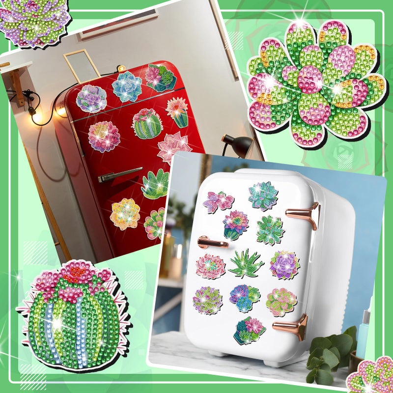 Remuuly 30 Pcs Diamond Painting Magnets Summer Diamond Art Magnet Kits for Adults Spring Flower Animal Cupcake 5D Rhinestones Refrigerator Magnetic Stickers for Fridge DIY Crafts Gifts(Succulents) - Image 4