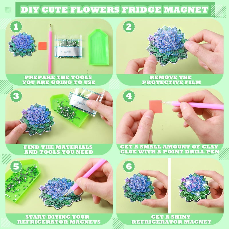 Remuuly 30 Pcs Diamond Painting Magnets Summer Diamond Art Magnet Kits for Adults Spring Flower Animal Cupcake 5D Rhinestones Refrigerator Magnetic Stickers for Fridge DIY Crafts Gifts(Succulents) - Image 5