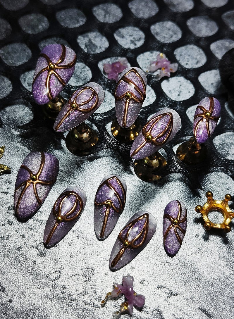HUOYUAN JIA 10pcs Handmade Press On Nails,Reusable and Removable Almond Shaped Fake Nails, French Style Sparkling Purple Gradient Paired with Gold Cubist Lines and Steel Ball Decorations,Comes with A Rubbing Strip and A Piece of Jelly Glue for Fashionable Women's Holiday Gifts,Fake Nail Set  - Image 1