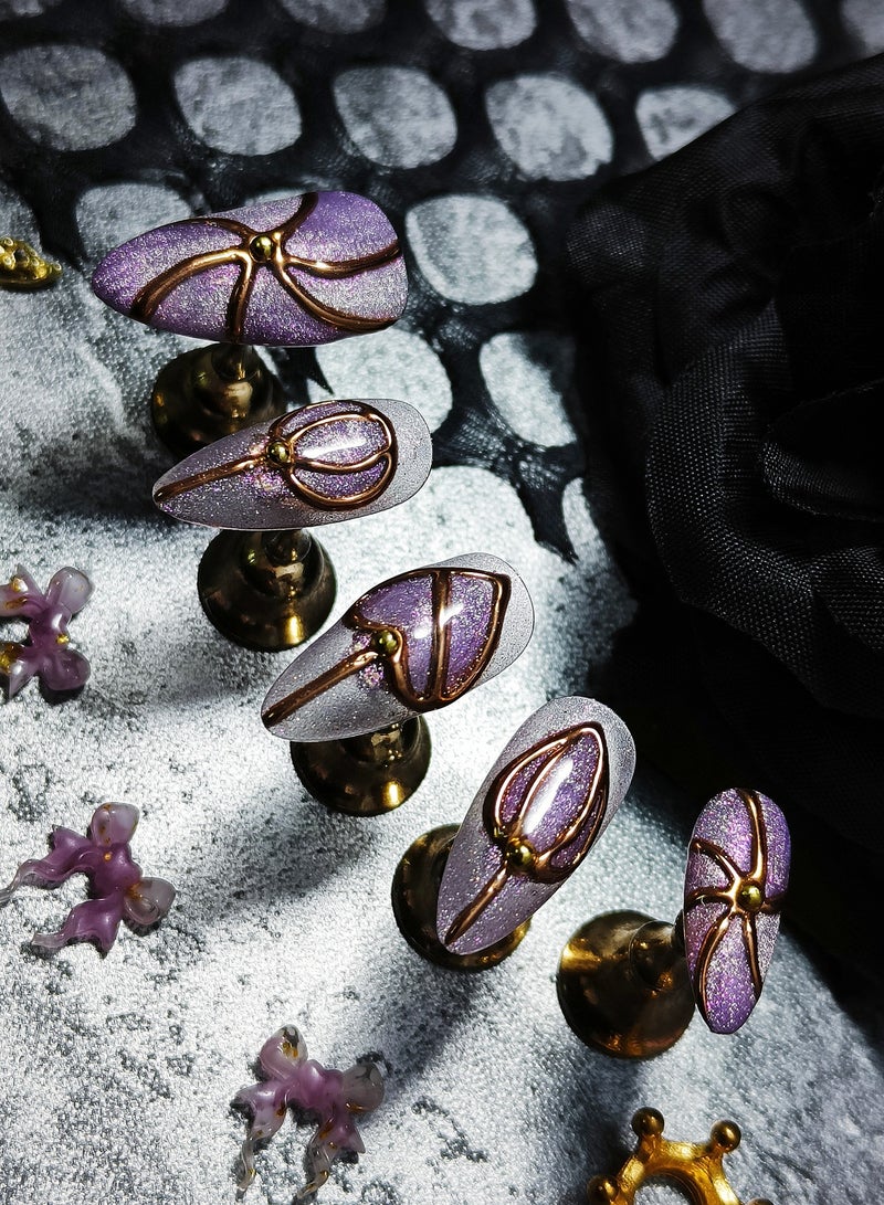 HUOYUAN JIA 10pcs Handmade Press On Nails,Reusable and Removable Almond Shaped Fake Nails, French Style Sparkling Purple Gradient Paired with Gold Cubist Lines and Steel Ball Decorations,Comes with A Rubbing Strip and A Piece of Jelly Glue for Fashionable Women's Holiday Gifts,Fake Nail Set  - Image 2