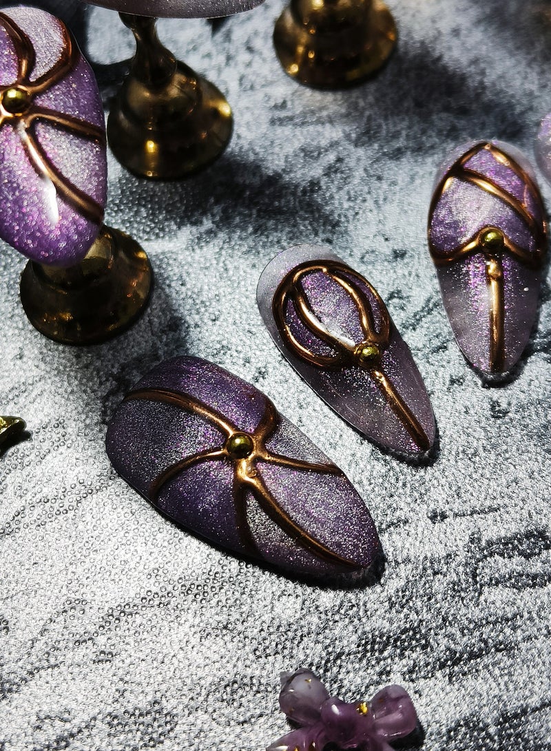 HUOYUAN JIA 10pcs Handmade Press On Nails,Reusable and Removable Almond Shaped Fake Nails, French Style Sparkling Purple Gradient Paired with Gold Cubist Lines and Steel Ball Decorations,Comes with A Rubbing Strip and A Piece of Jelly Glue for Fashionable Women's Holiday Gifts,Fake Nail Set  - Image 3