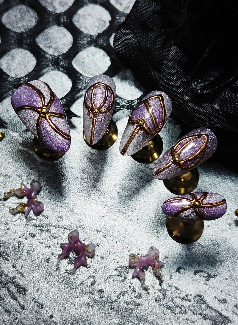 HUOYUAN JIA 10pcs Handmade Press On Nails,Reusable and Removable Almond Shaped Fake Nails, French Style Sparkling Purple Gradient Paired with Gold Cubist Lines and Steel Ball Decorations,Comes with A Rubbing Strip and A Piece of Jelly Glue for Fashionable Women's Holiday Gifts,Fake Nail Set  - Image 4