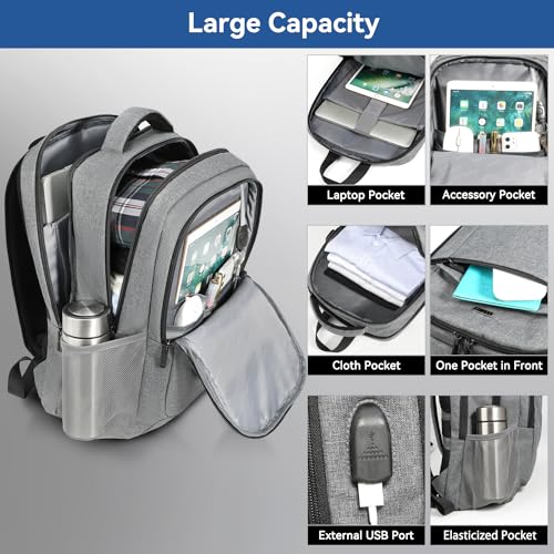 Voova Travel Laptop Backpack, Business Work Laptop Backpack for Women & Men with USB Charging Port, Waterproof Slim Durable College Computer Bag Fits 15.6 Inch Laptops and Notebook, Grey - Image 3