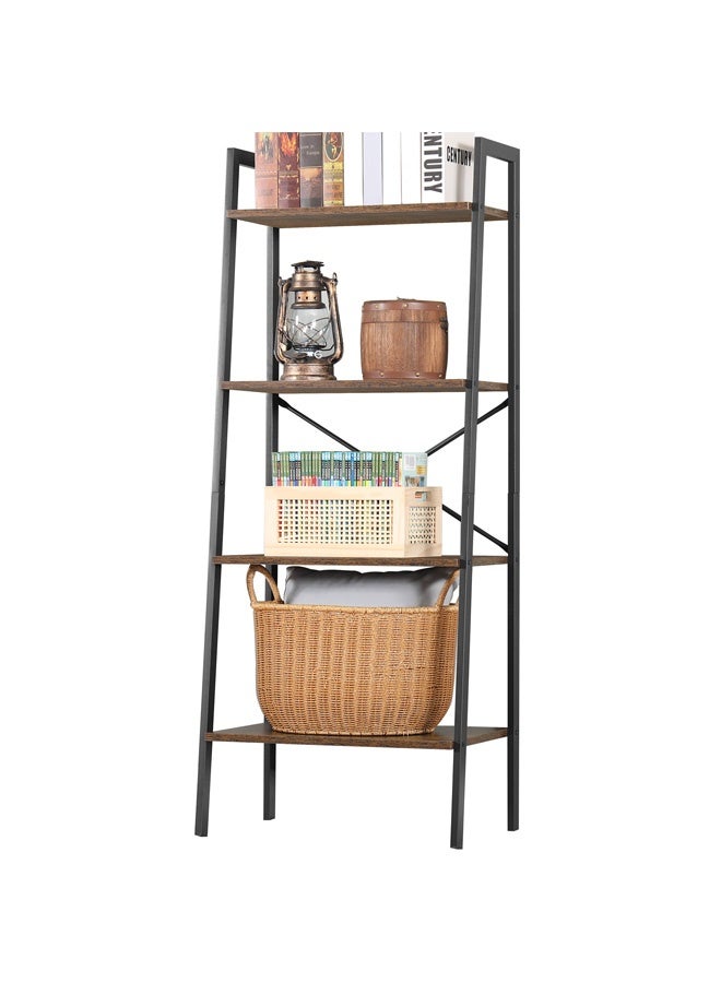 أي هوم رف سلمي من 4 طبقات، رف كتب صناعي بإطار معدني وأرفف خشبية، تصميم متين، رف تخزين متعدد الأغراض لغرفة المعيشة، المكتب المنزلي، المطبخ، غرفة النوم، لون بني ريفي، 60×137 سم - Image 1