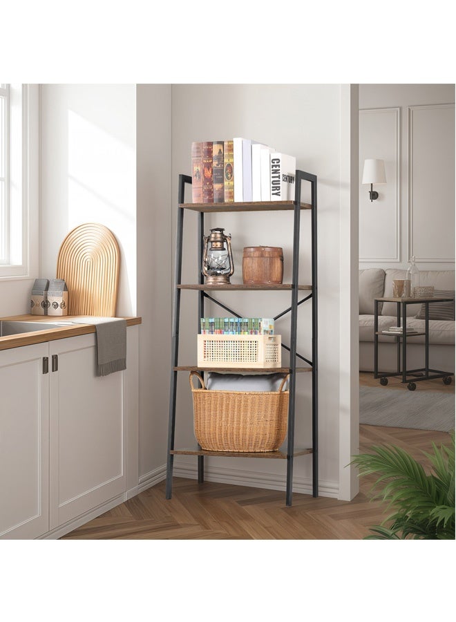 أي هوم رف سلمي من 4 طبقات، رف كتب صناعي بإطار معدني وأرفف خشبية، تصميم متين، رف تخزين متعدد الأغراض لغرفة المعيشة، المكتب المنزلي، المطبخ، غرفة النوم، لون بني ريفي، 60×137 سم - Image 3