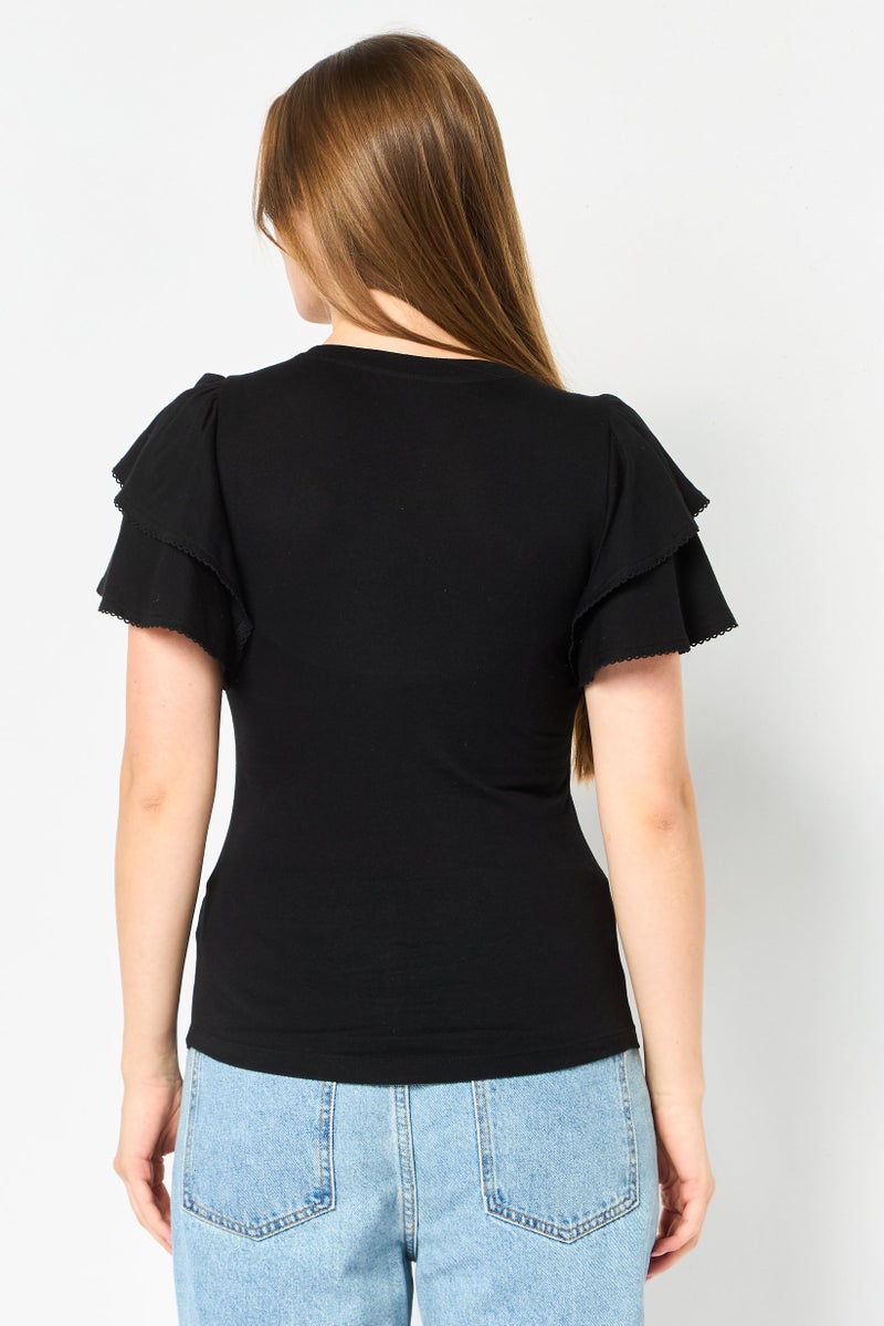 GAP Women Round Neck Flounce Sleeve Plain Top, Black - Image 3