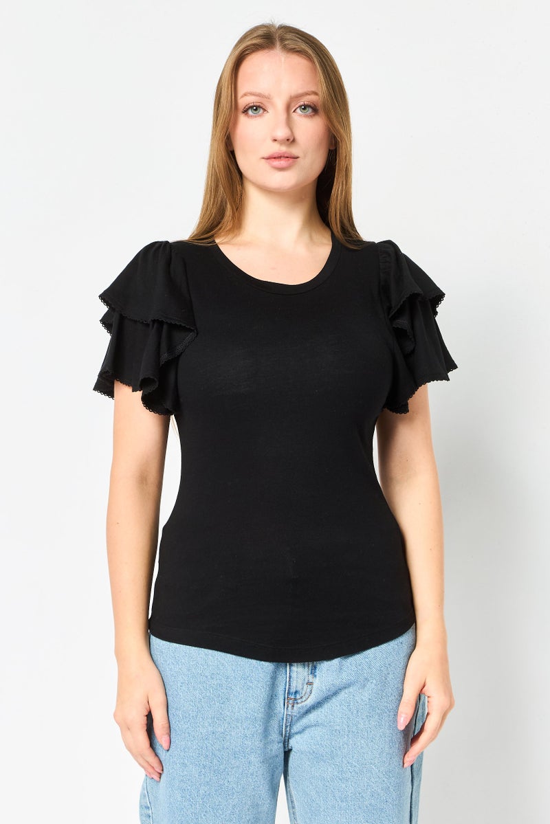GAP Women Round Neck Flounce Sleeve Plain Top, Black - Image 1