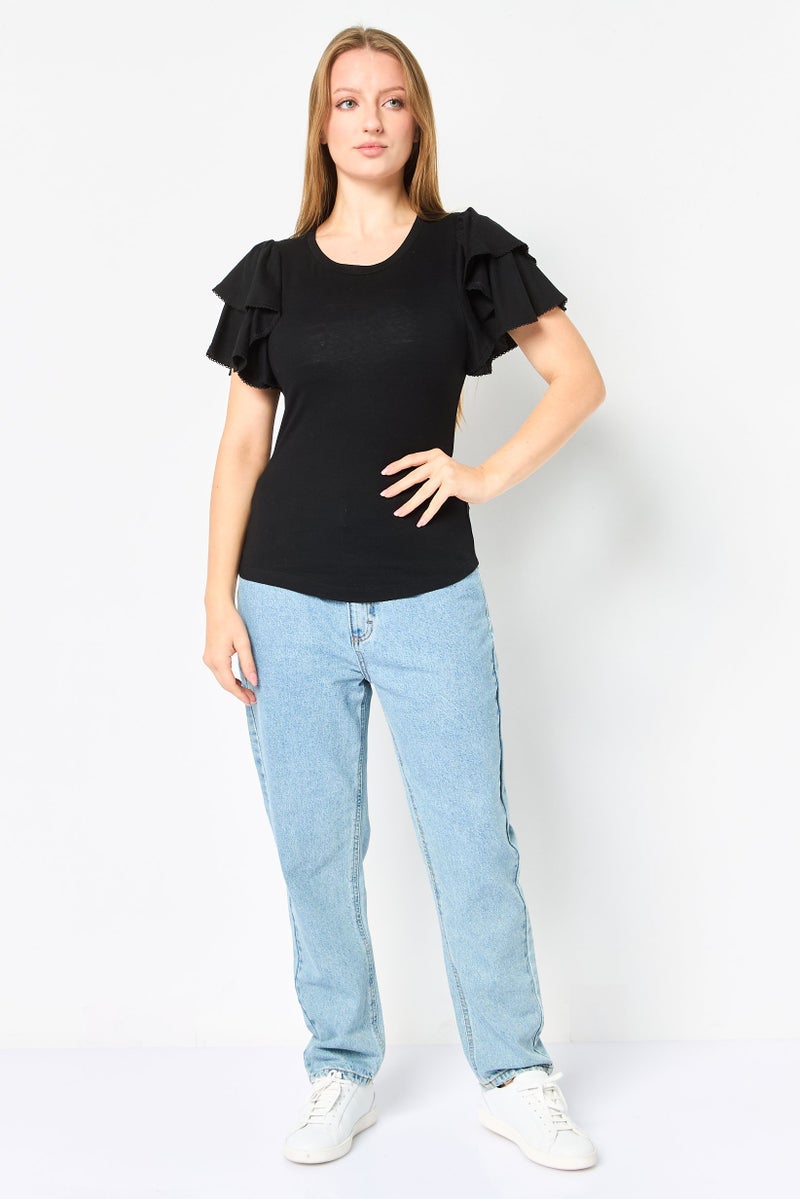 GAP Women Round Neck Flounce Sleeve Plain Top, Black - Image 4