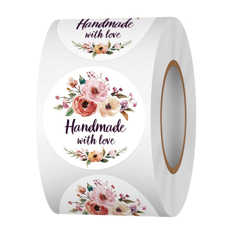 Acetiamin Floral Handmade with Love Stickers Roll, 1.5 inch 500 PCS Flower Homemade with Love Stickers for Handmade Baked Goods, Crafts, Gifts Package, Small Businesses - Image 1