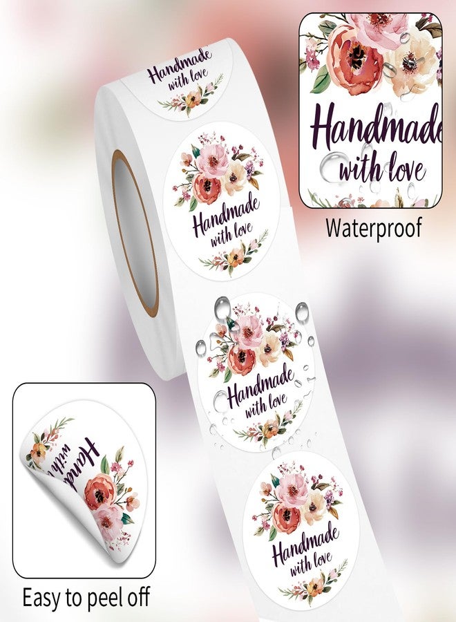 Acetiamin Floral Handmade with Love Stickers Roll, 1.5 inch 500 PCS Flower Homemade with Love Stickers for Handmade Baked Goods, Crafts, Gifts Package, Small Businesses - Image 3