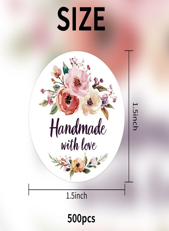 Acetiamin Floral Handmade with Love Stickers Roll, 1.5 inch 500 PCS Flower Homemade with Love Stickers for Handmade Baked Goods, Crafts, Gifts Package, Small Businesses - Image 2