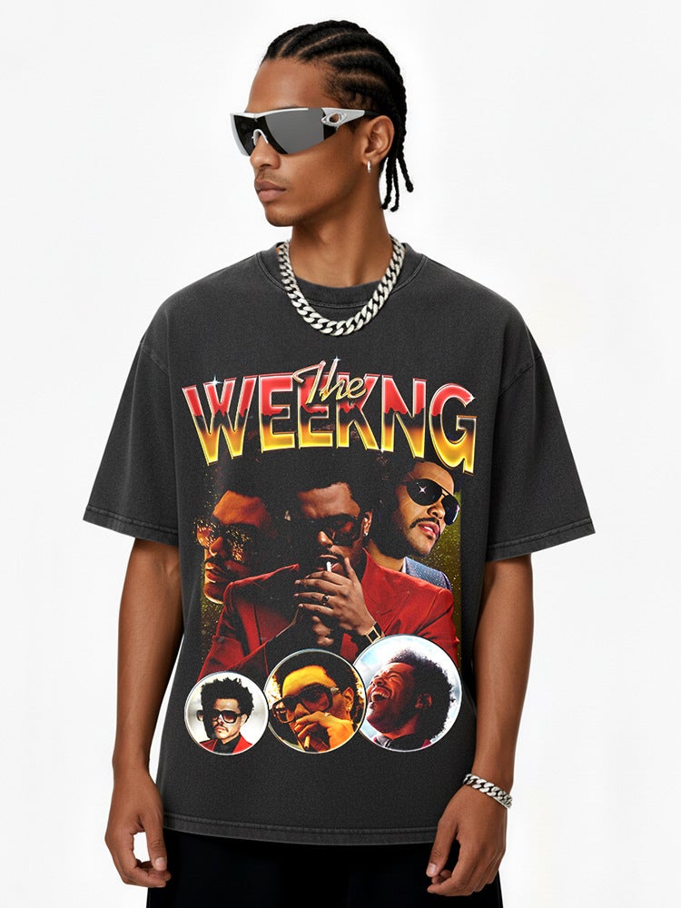 -style Retro Weeknd Printed Short-sleeved Heavy Black Hip-hop Loose Trendy Brand Pure Cotton Ins T-shirt - Image 3