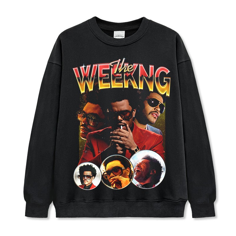 -style Retro Weeknd Printed Short-sleeved Heavy Black Hip-hop Loose Trendy Brand Pure Cotton Ins T-shirt - Image 1