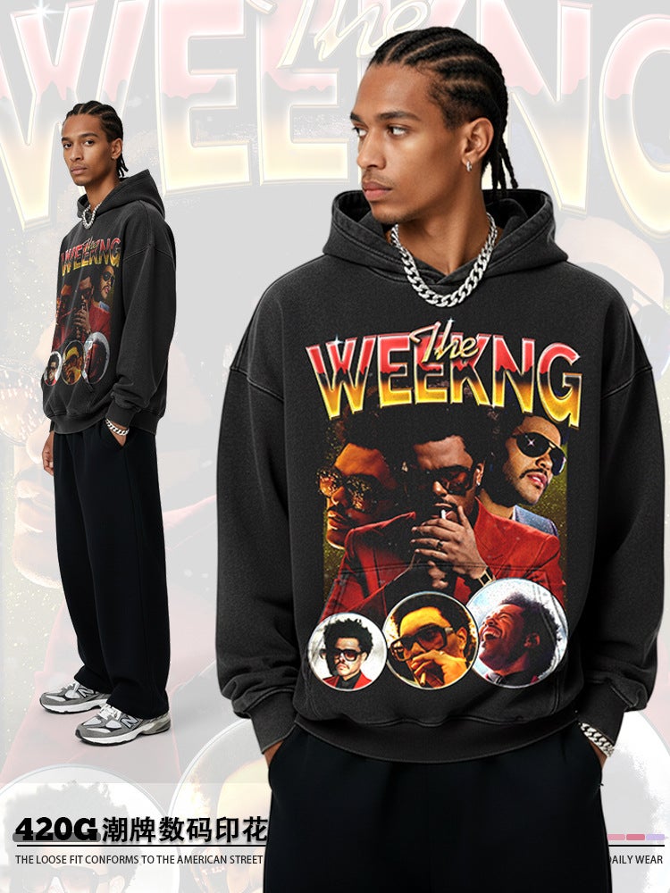 -style Retro Weeknd Printed Short-sleeved Heavy Black Hip-hop Loose Trendy Brand Pure Cotton Ins T-shirt - Image 2