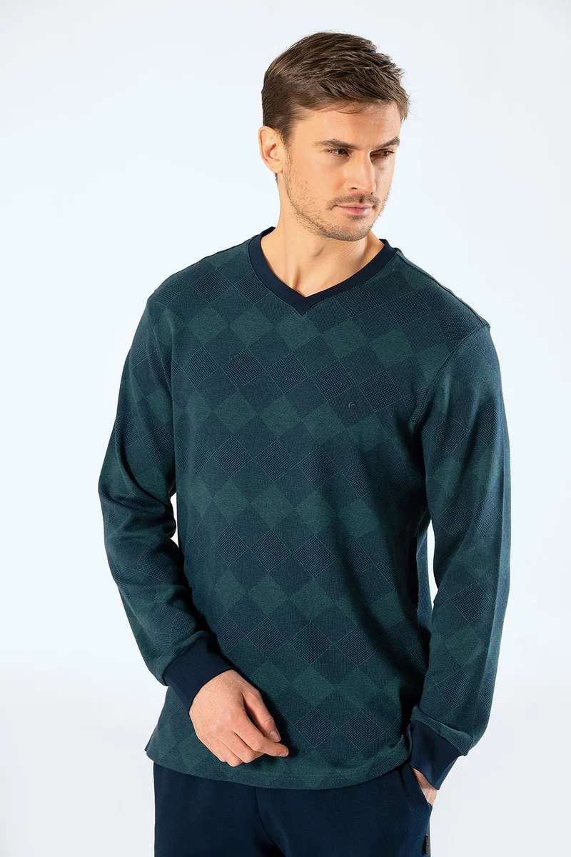 كاشاريل 2194 Men's Jacquard Checkered V-Neck Pajamas Set - Green