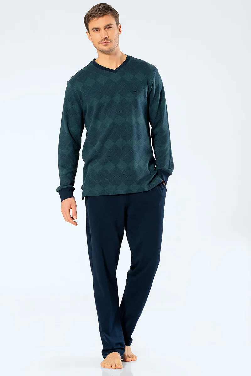 كاشاريل 2194 Men's Jacquard Checkered V-Neck Pajamas Set - Green