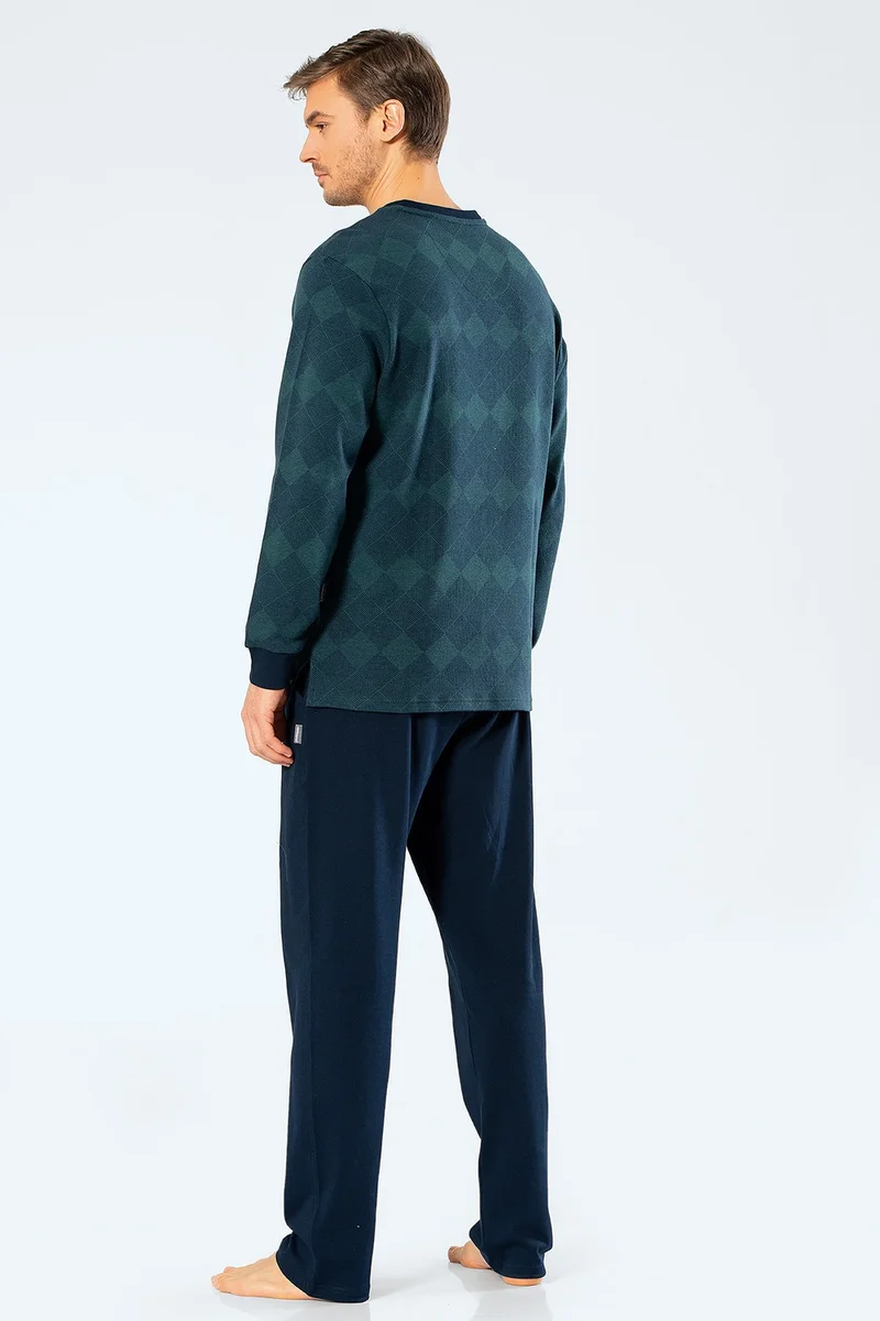 كاشاريل 2194 Men's Jacquard Checkered V-Neck Pajamas Set - Green
