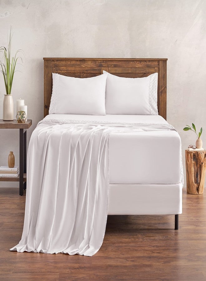 Chanasya Premium Clipped Sheet Set - Tufted Boho Double Brushed Chic Soft Textured Clipped Solid Microfiber Sheet Set - Fitted Sheet, Flat Sheet & 2 Pillow Cover - 4-Piece Set - White, King Size - Image 2
