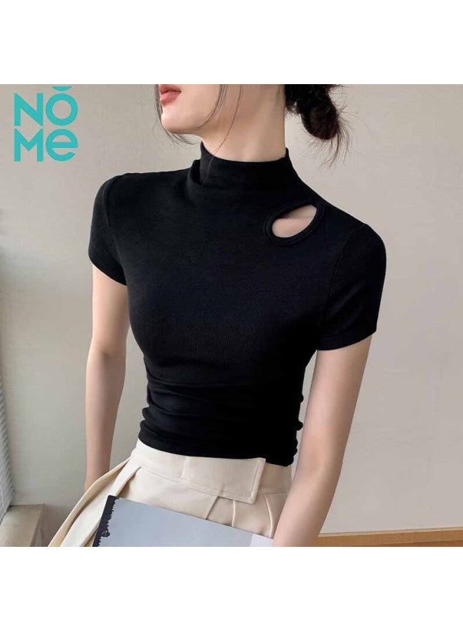 نومي Nome قميص نسائي عادي بأكتاف ورقبة مستديرة وأكمام قصيرة، قميص داخلي، تصميم نصف كم، بلوزة مفرغة، أسود، L - Image 1