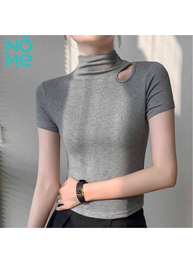نومي Nome قميص نسائي عادي بأكتاف ورقبة مستديرة وأكمام قصيرة، قميص داخلي، تصميم نصف كم، بلوزة مفرغة، أسود، L - Image 2