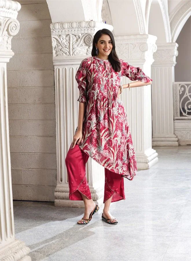ISHIN  Women'S Maroon Rayon Embroidered Tunic Full Length Palazzo Straight Fit Kurta Set for Women | Best Price UAE