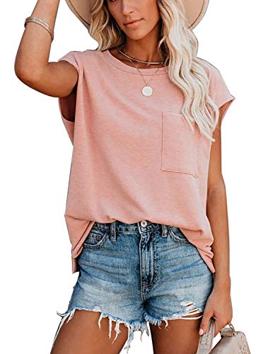 ANCAPELION Women’s Casual Summer T-Shirt Pink Knit Pocket Tee Comfy Cap Sleeve Shirt Blouse Top Large - Image 1