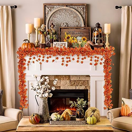CQURE 12 Pack Fall Leaf Garland, Hanging Vines Garland Artificial Fall Maple Leaves Thanksgiving Decor for Home Wedding Fireplace Party - Image 3