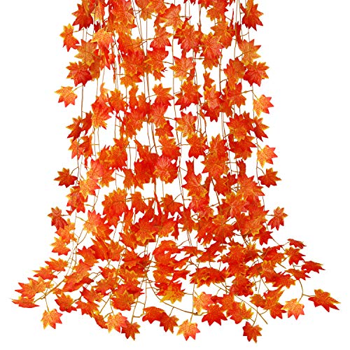 CQURE 12 Pack Fall Leaf Garland, Hanging Vines Garland Artificial Fall Maple Leaves Thanksgiving Decor for Home Wedding Fireplace Party - Image 1