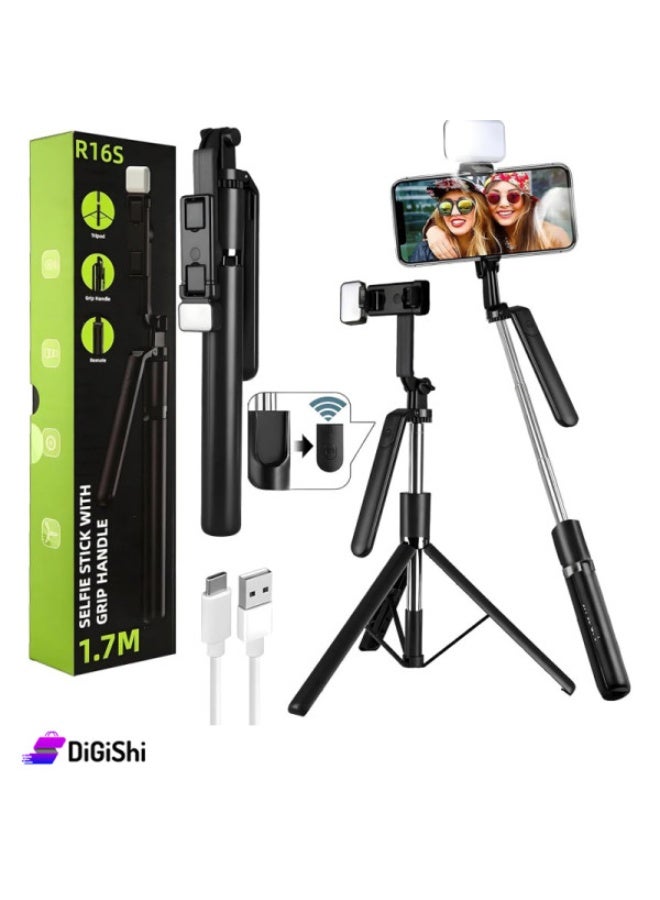 R16S Selfie Stick With Grip Handle 1.7M Height With Detachable Remote & LED Light - Adjustable Phone Holder - Image 1