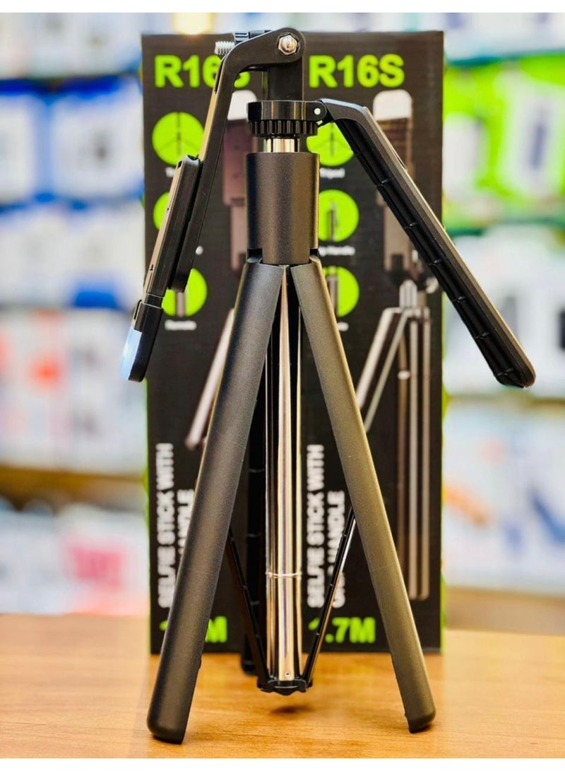 R16S Selfie Stick With Grip Handle 1.7M Height With Detachable Remote & LED Light - Adjustable Phone Holder - Image 2