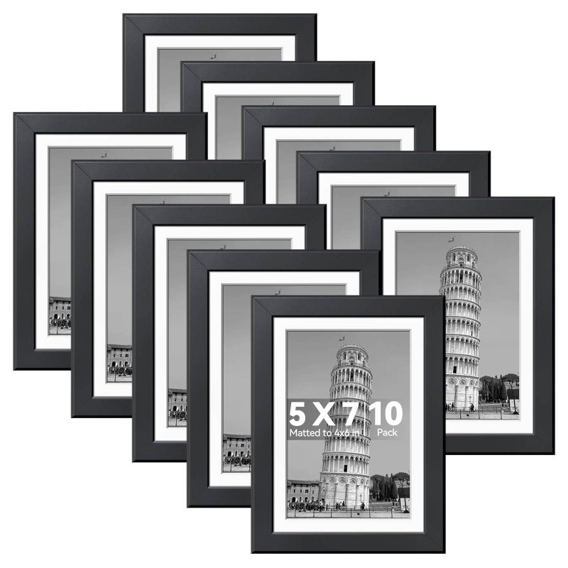HappyHapi 5x7 Picture Frames Black Set of 10 Tabletop or Wall Display Pictures 4x6 with Mat or 5x7 Without Multi Photo Frames Collage