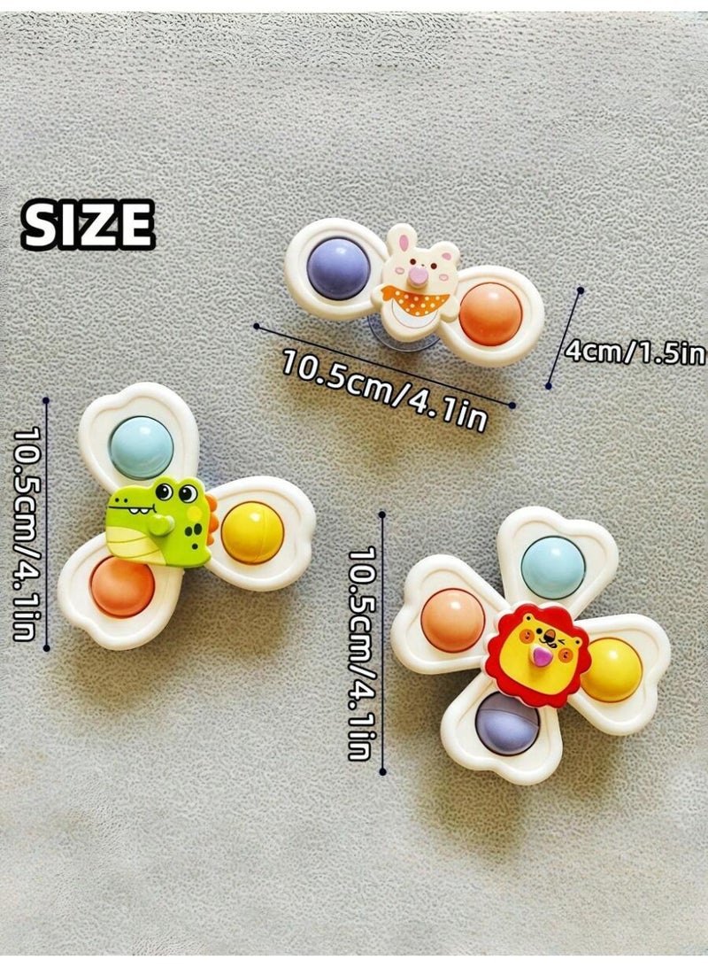 3-piece set of children's bathroom bathtub toy suction cup rotating toy, suitable for tabletops, glass and tile walls, eye-catching colorful cartoon animal suction cup top, cute crocodile rabbit lion pattern touch fun toy - Image 1