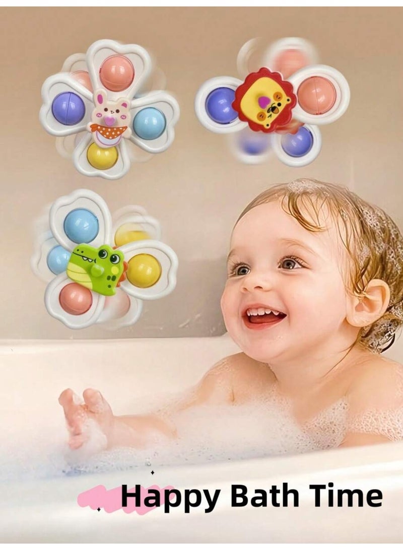 3-piece set of children's bathroom bathtub toy suction cup rotating toy, suitable for tabletops, glass and tile walls, eye-catching colorful cartoon animal suction cup top, cute crocodile rabbit lion pattern touch fun toy - Image 2