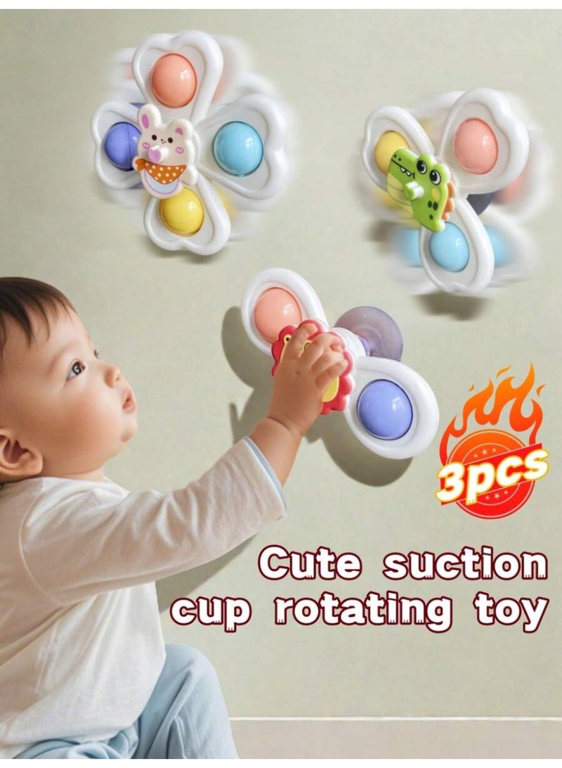 3-piece set of children's bathroom bathtub toy suction cup rotating toy, suitable for tabletops, glass and tile walls, eye-catching colorful cartoon animal suction cup top, cute crocodile rabbit lion pattern touch fun toy - Image 3