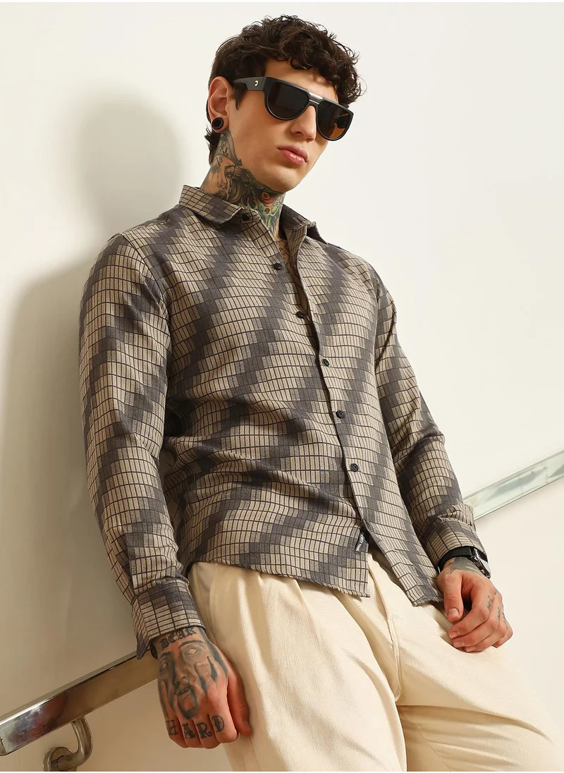 كامبوس سوترا Men's Diagonal Check Slim Fit Shirt - Cotton Polyester Blend