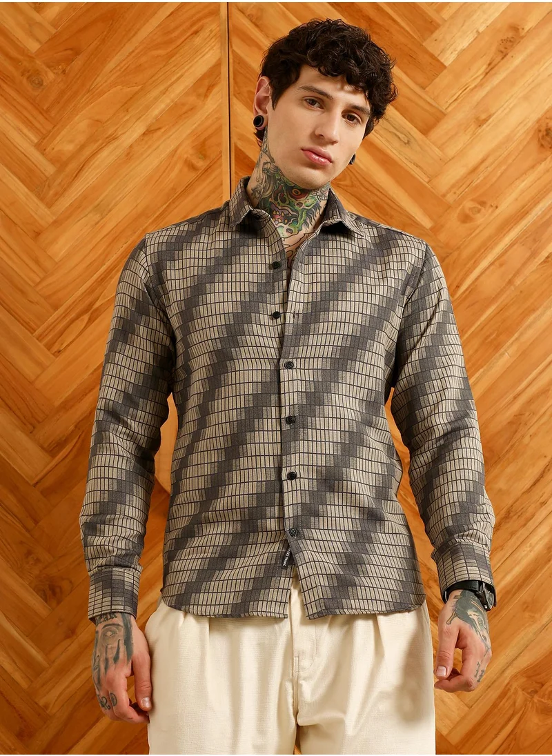 كامبوس سوترا Men's Diagonal Check Slim Fit Shirt - Cotton Polyester Blend
